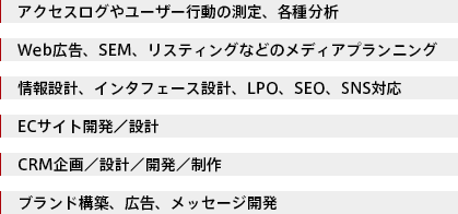 アクセスログやユーザー行動の測定、各種分析
Web広告、SEM、リスティングなどのメディアプランニング
情報設計、インタフェース設計、LPO、SEO、SNS対応
ECサイト開発/制作
CRM企画/設計/開発/制作
ブランド構築、広告、メッセージ開発